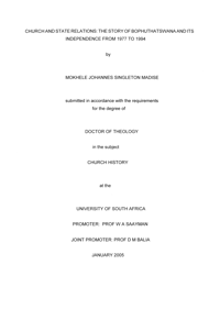 
Church and State relations: the story of Bophuthatswana and its independence from 1977 to 1994
