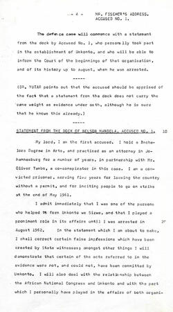 Court Transcript of statement from the Dock of Nelson Mandela, Pretoria Supreme Court, 20 April 1964