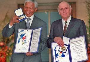 Former Presidents de Klerk and Nelson Mandela are joint recipients of the Nobel Peace Prize.
