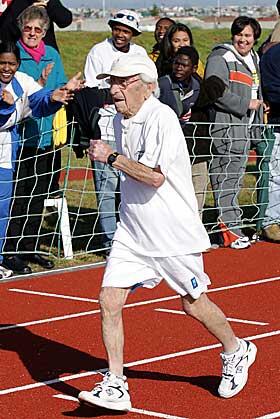 Philip Rabinowitz, Polish born South African centenarian, sets a new world record by running the 100m in 28.7 seconds.