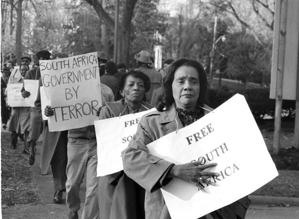 Anti-Apartheid demonstration is held outside SA embassy in Washington