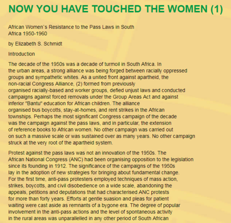 African Women`s Resistance to the Pass Laws in South Africa 1950-1960, by Elizabeth S. Schmidt