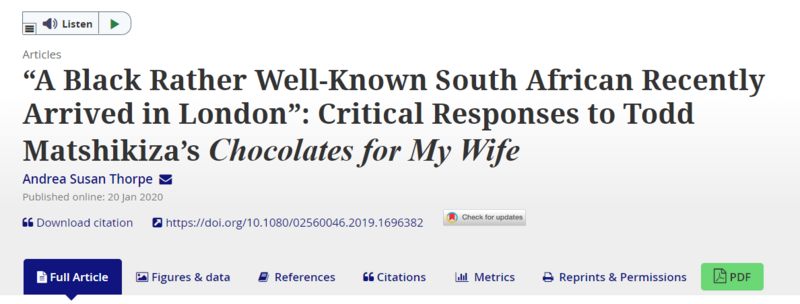 “A Black Rather Well-Known South African Recently Arrived in London”: Critical Responses to Todd Matshikiza’s Chocolates for My Wife