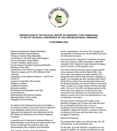Presentation of the Political Report by President Cyril Ramaphosa to the 55th National Conference of the ANC 