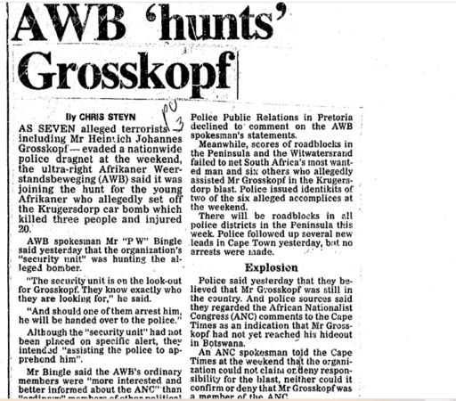 AWB 'hunts' Grosskopf, by Chris Steyn, The Cape Times, 21 March 1988