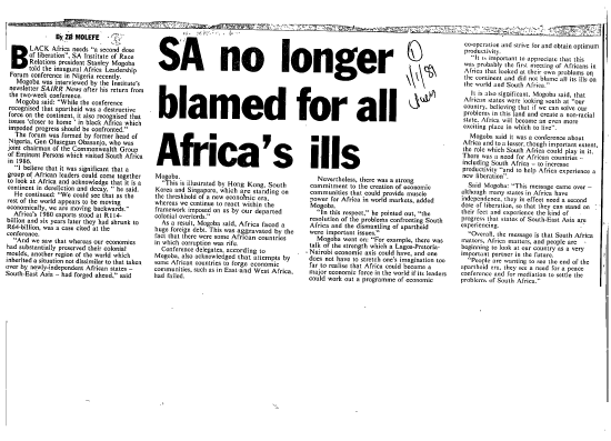 South Africa no longer blamed for all Africa's ills 1989 - 1990