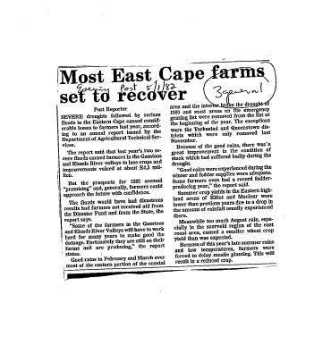 Most East Cape farmers set to recover 1982 - 1983