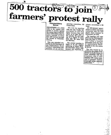 500 tractors to join farmers protest rally 1985 - 1987