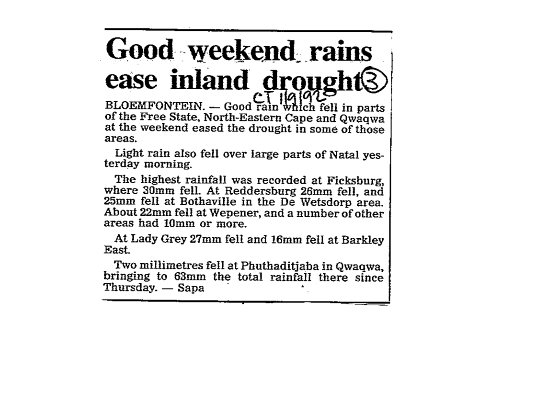 Good weekend rains ease inland drought 1992 - 1993