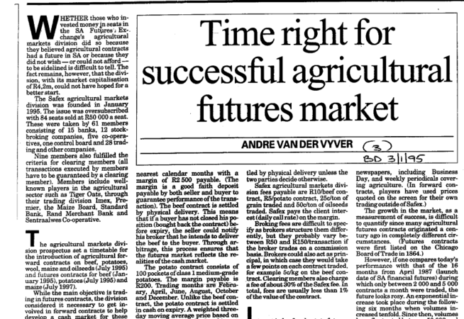 Time right for successful agricultural futures market 1996 - 1997