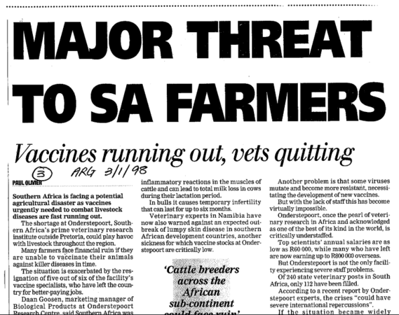 Major threat to SA farmers 1998 - 1999