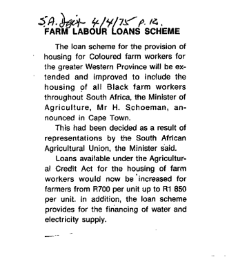 Farm labour loans scheme 1975 - 1976