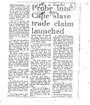 Probe into Cape slave trade claim launched 1982 - 1985