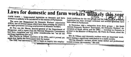 Law for domestic and farm workers unlikely this year 1986 - 1989