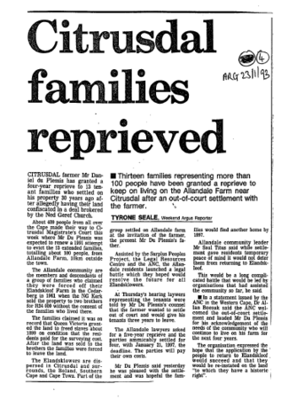 Citrusdal famillies reprieved 1993 - 1995
