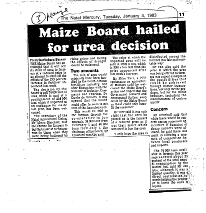Maize Board hailed for urea decision 1983 - 1986