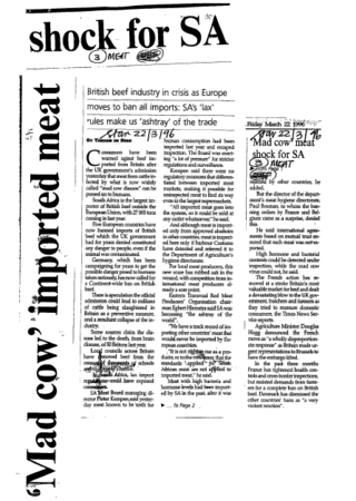'Mad Cow' Imported meat a shock for South Africa 1996 - 1999