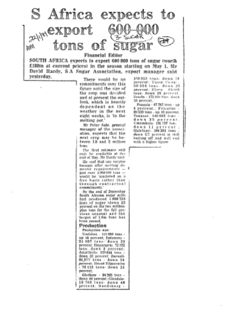 South African expects to export 600 000 tons of sugar 1981 - 1991