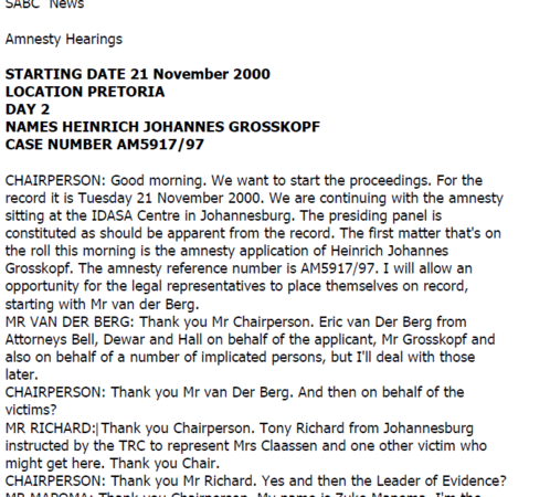 Amnesty Hearings, Day 2, Heinrich Johannes Grosskopf, Case number AM5917/97