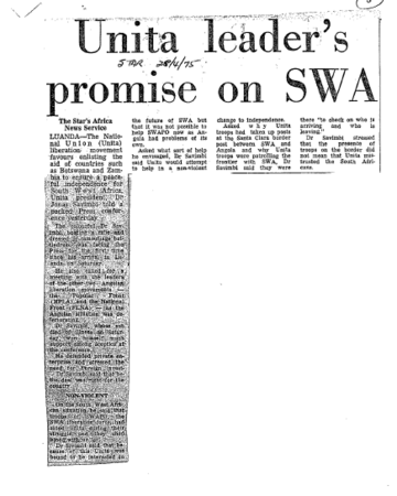 Unita leader's promise on SWA 1975