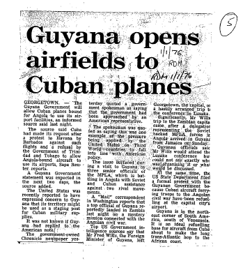 Guyana opens airfields to Cuban planes 1976