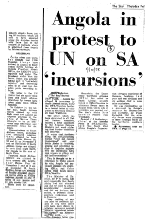 Angola in protest to UN on SA 'incursions' 1977 - 1980