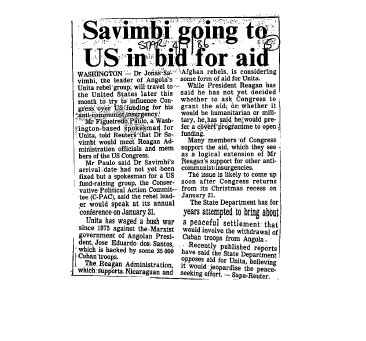 Savimbi going to US in bid for aid 1986