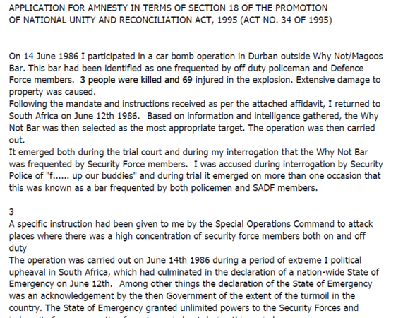Application for Amnesty in terms of Section 18 
