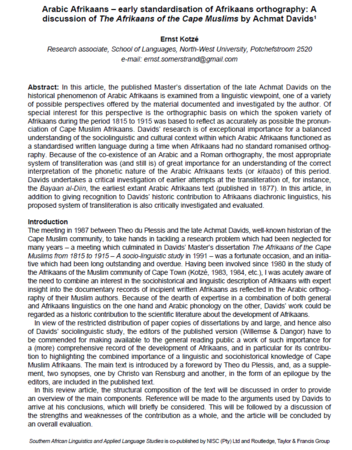 Arabic Afrikaans – early standardisation of Afrikaans orthography: A discussion of The Afrikaans of the Cape Muslims by Achmat Davids, by Ernst Kotzé