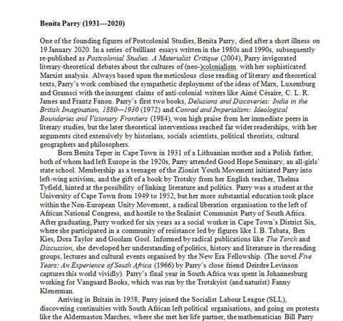 Obituary of Benita Parry (1931—2020) by Professor David Johnson