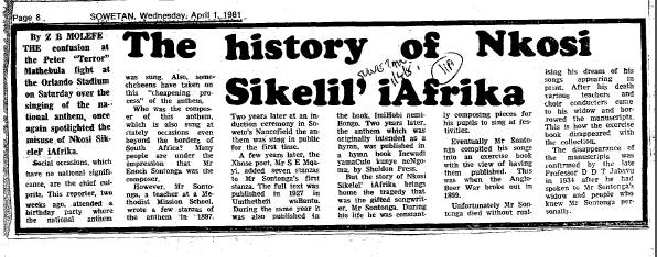 The history of Nkosi Sikelil' iAfrika 1981 B