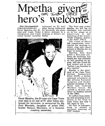 Mpetha given hero's welcome 1983 D