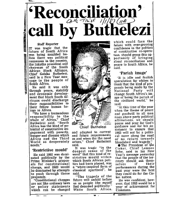 'Reconciliation' call by Buthelezi 1983 F