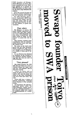 Swapo founder Toivo moved to SWA prison 1984 B