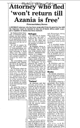 Attorney who fled 'won't return till Azania is free' 1984 E