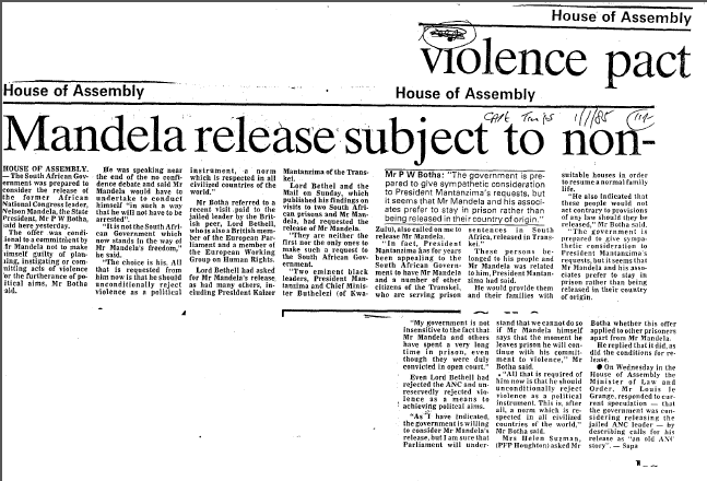 Mandela release subject to non-violence pact 1985 A