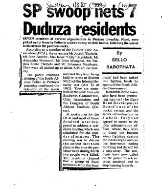 SP swoop nets 7 Duduza residents 1985 B