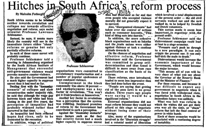 Hitches in South Africa's reform process 1986 C
