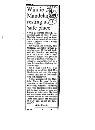 Winnie Mandela resting at 'safe place' 1986 A