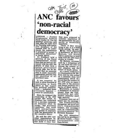 ANC favours 'non-racial democracy' 1986 B