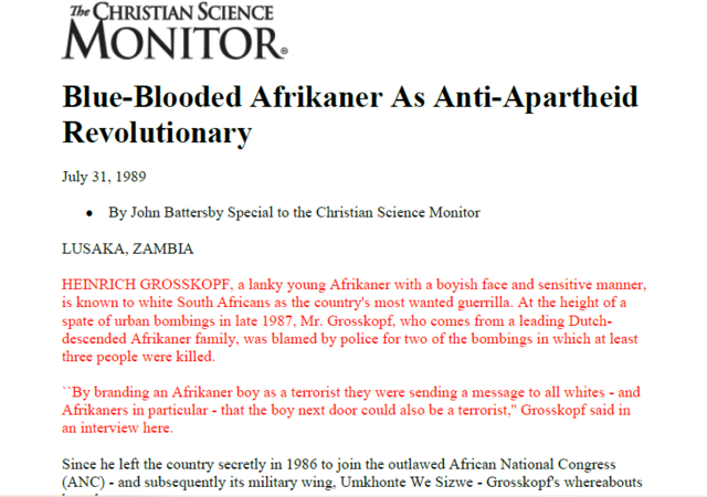 Blue-Blooded Afrikaner as Anti-Apartheid Revolution, by John Battersby, The Christian Science Monitor, 31 July 1989