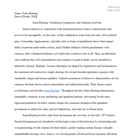 Sonia Bunting: Continuous Compassion and Adamant Activism by Jack Lucas