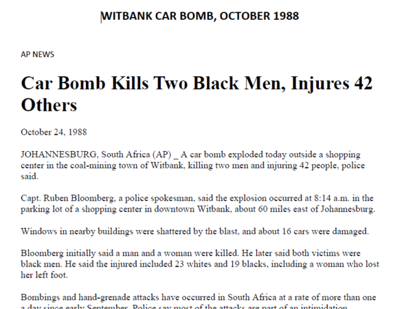 Car Bomb Kills Two Black Men, Injures 42 Others, AP News, 24 October 1988