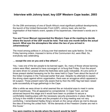 Interview with Johnny Issel, key UDF Western Cape leader, 2003