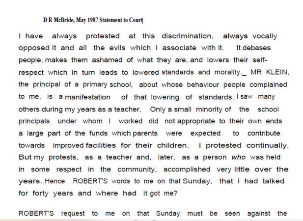 D R McBride, May 1987 Statement to Court