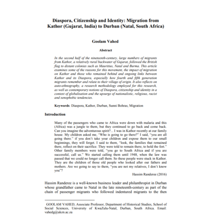 Diaspora, Citizenship and Identity: Migration from Kathor (Gujarat, India) to Durban (Natal, South Africa) by Goolam Vahed