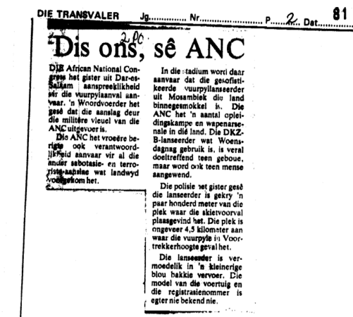 Dis ons, sê ANC, Die Transvaler, 14 August 1981
