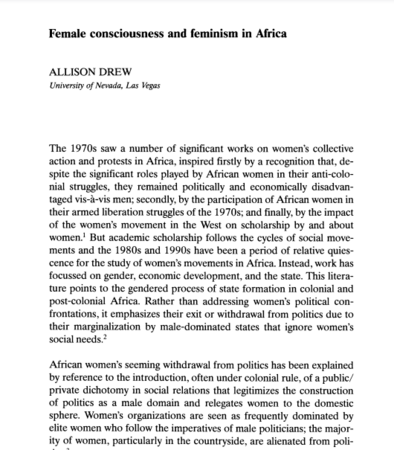 Female Consciousness and Feminism in Africa by Allison Drew