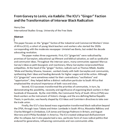From Garvey to Lenin, via Kadalie: The ICU’s “Ginger” Faction and the Transformation of Interwar Black Radicalism by Henry Dee