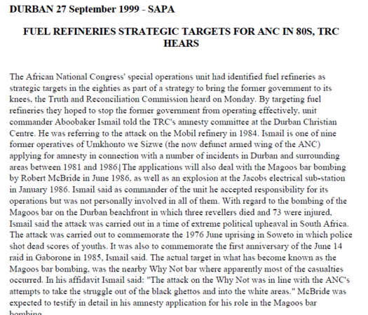 Fuel refineries strategic targets for ANC in 80s, TRC hears, SAPA, 27 September 1999